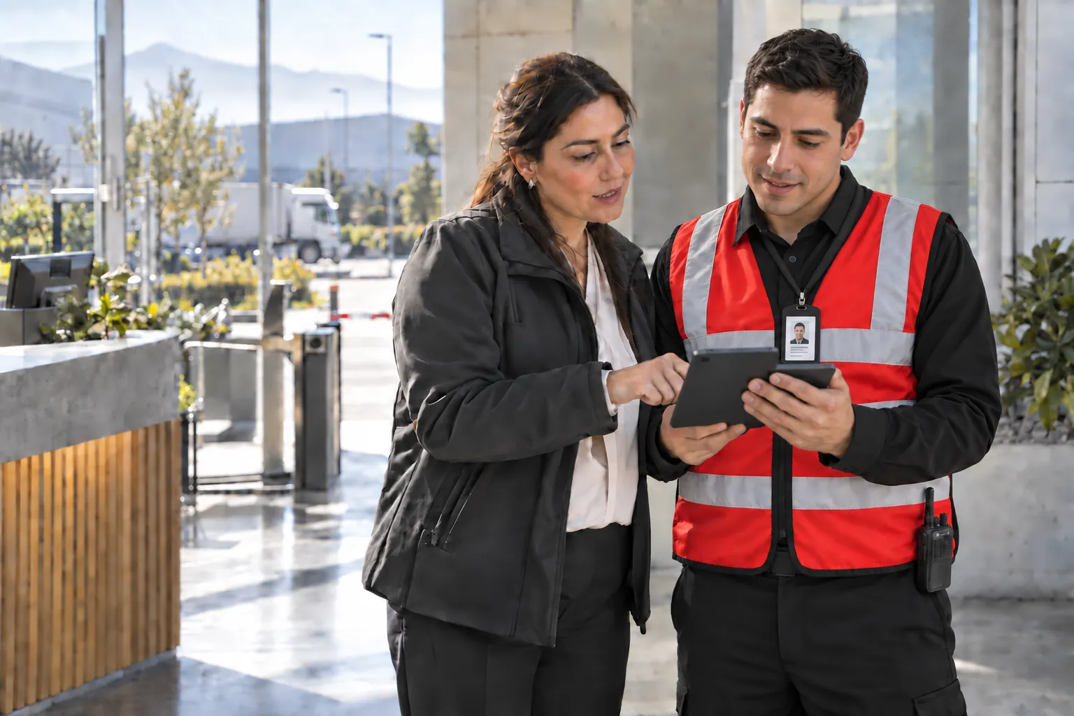 Una supervisora y un guardia coordinando el servicio