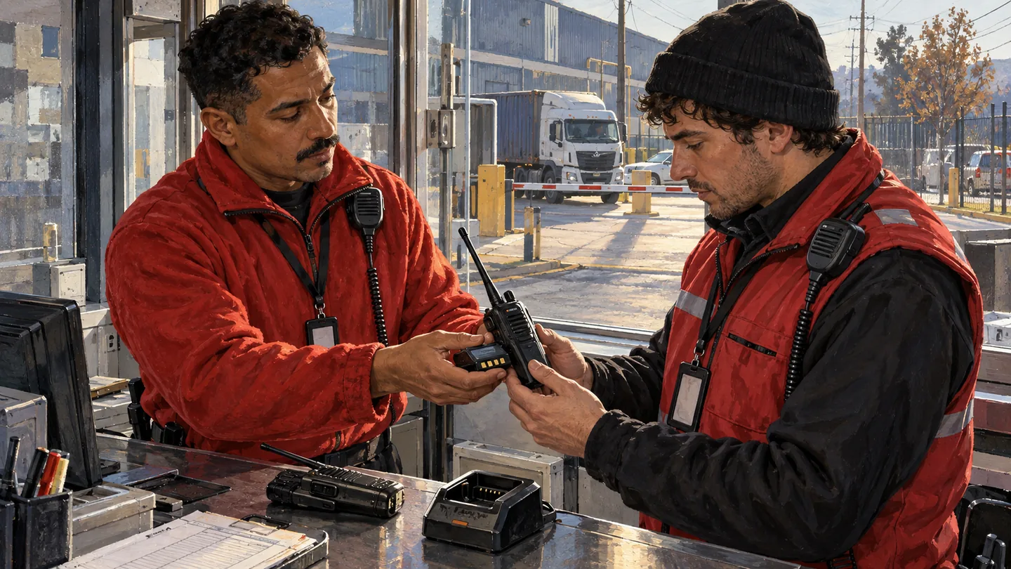 Dos guardias de rostros distintos, uno con gorro negro, comprueban una radio y su batería en el mesón de equipos de una bodega inspirada en Estación Central; ambos llevan prenda roja, radio y credencial.