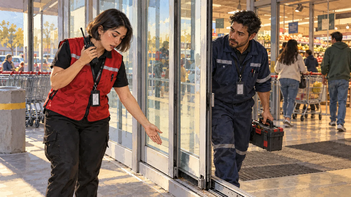 Guardia de pelo corto con chaleco rojo, radio y credencial comunica una puerta trabada a un trabajador de mantenimiento en un supermercado inspirado en Maipú.