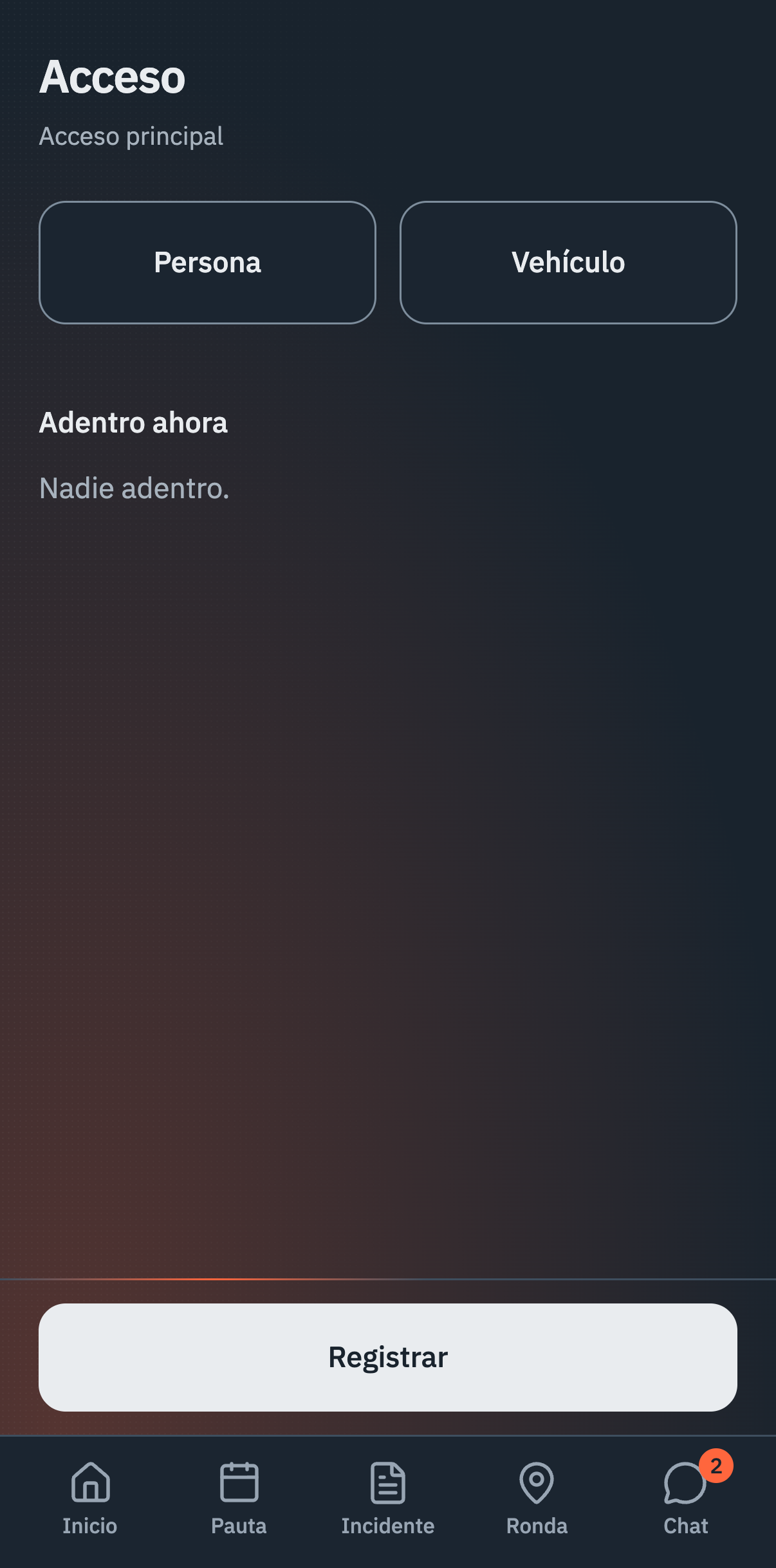 App · Control de acceso, interfaz de Vigitar en modo noche.