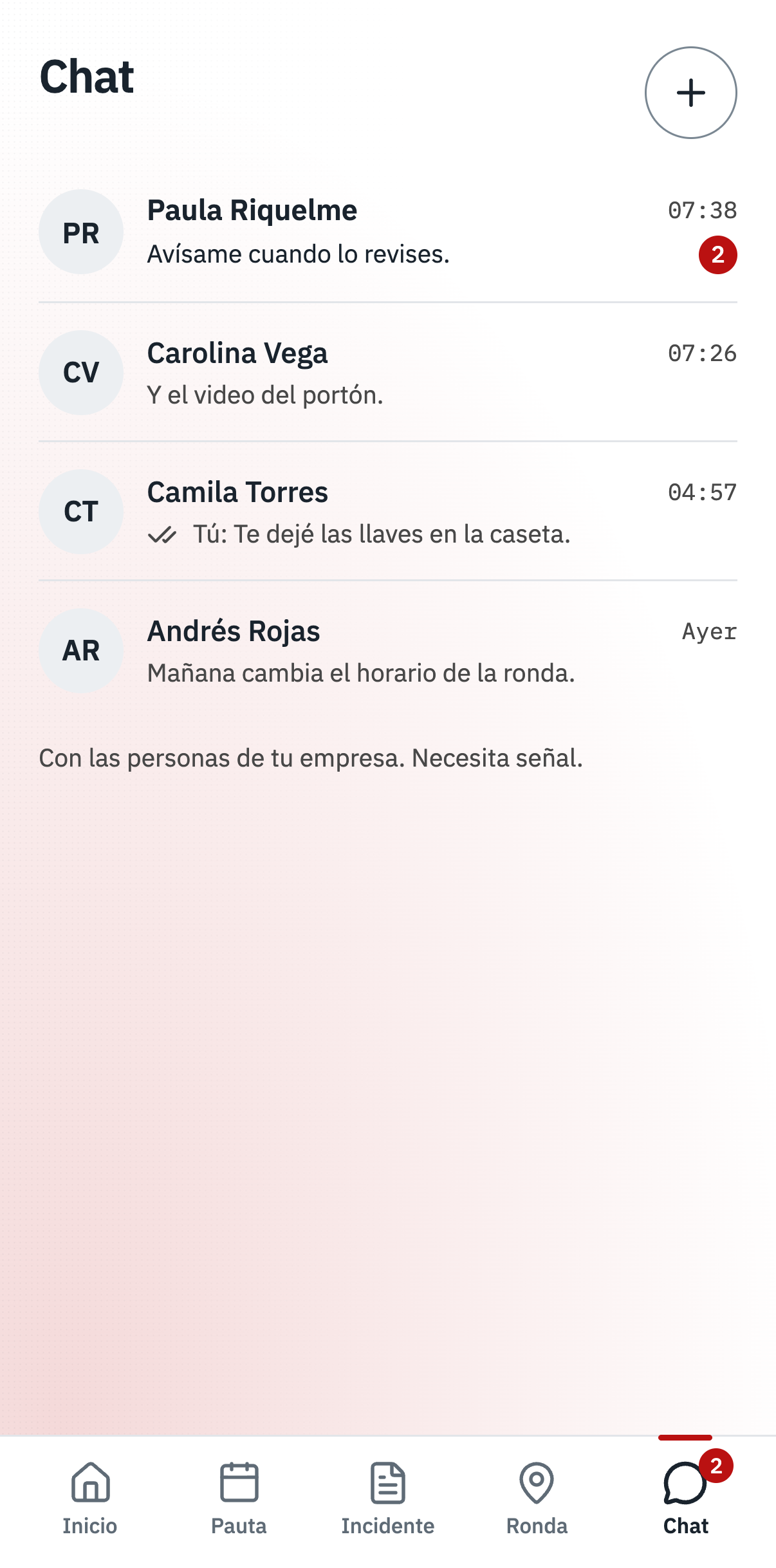 App · Chat, interfaz de Vigitar en modo día.