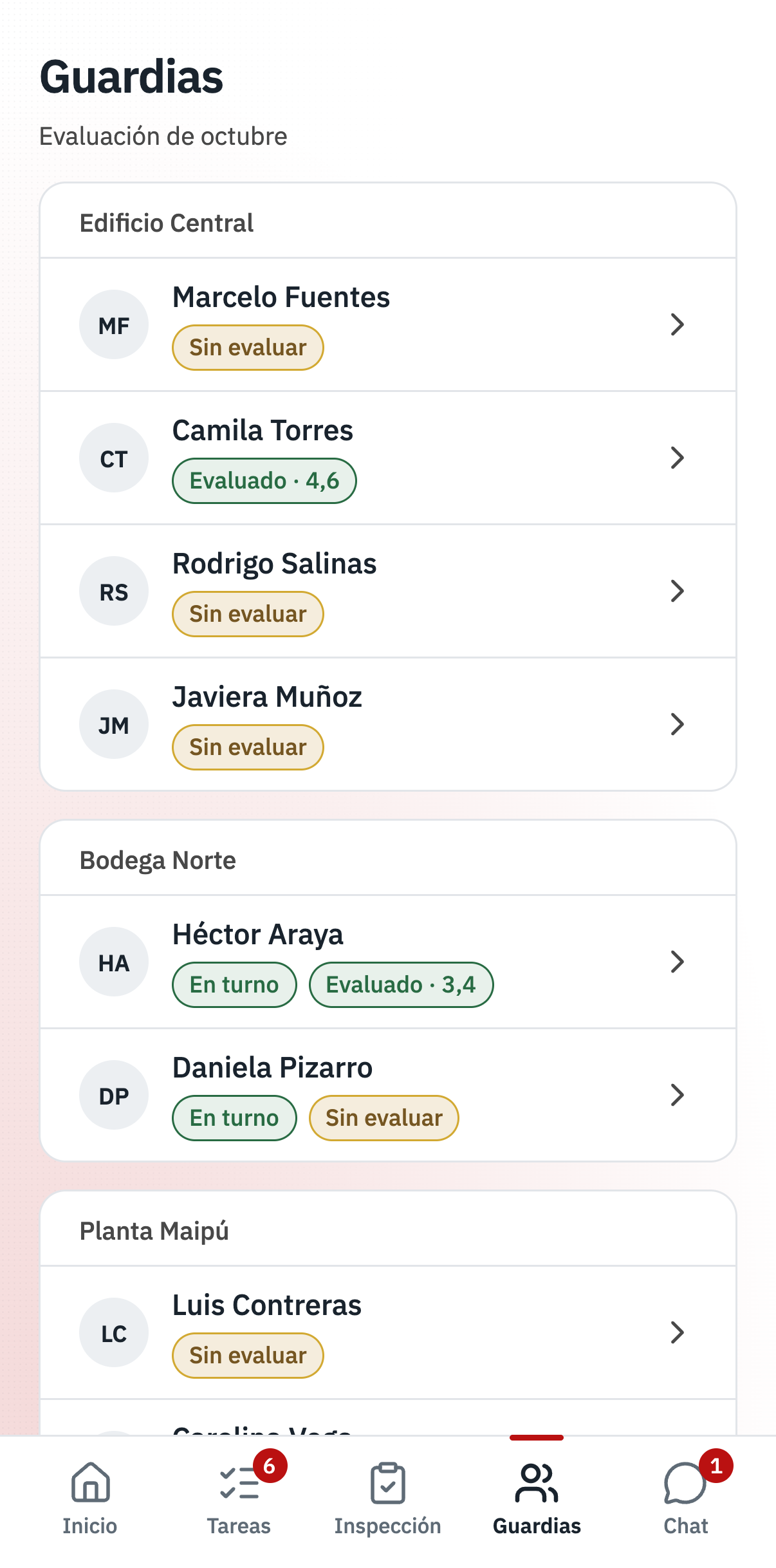 App · Guardias de la supervisora, interfaz de Vigitar en modo día.