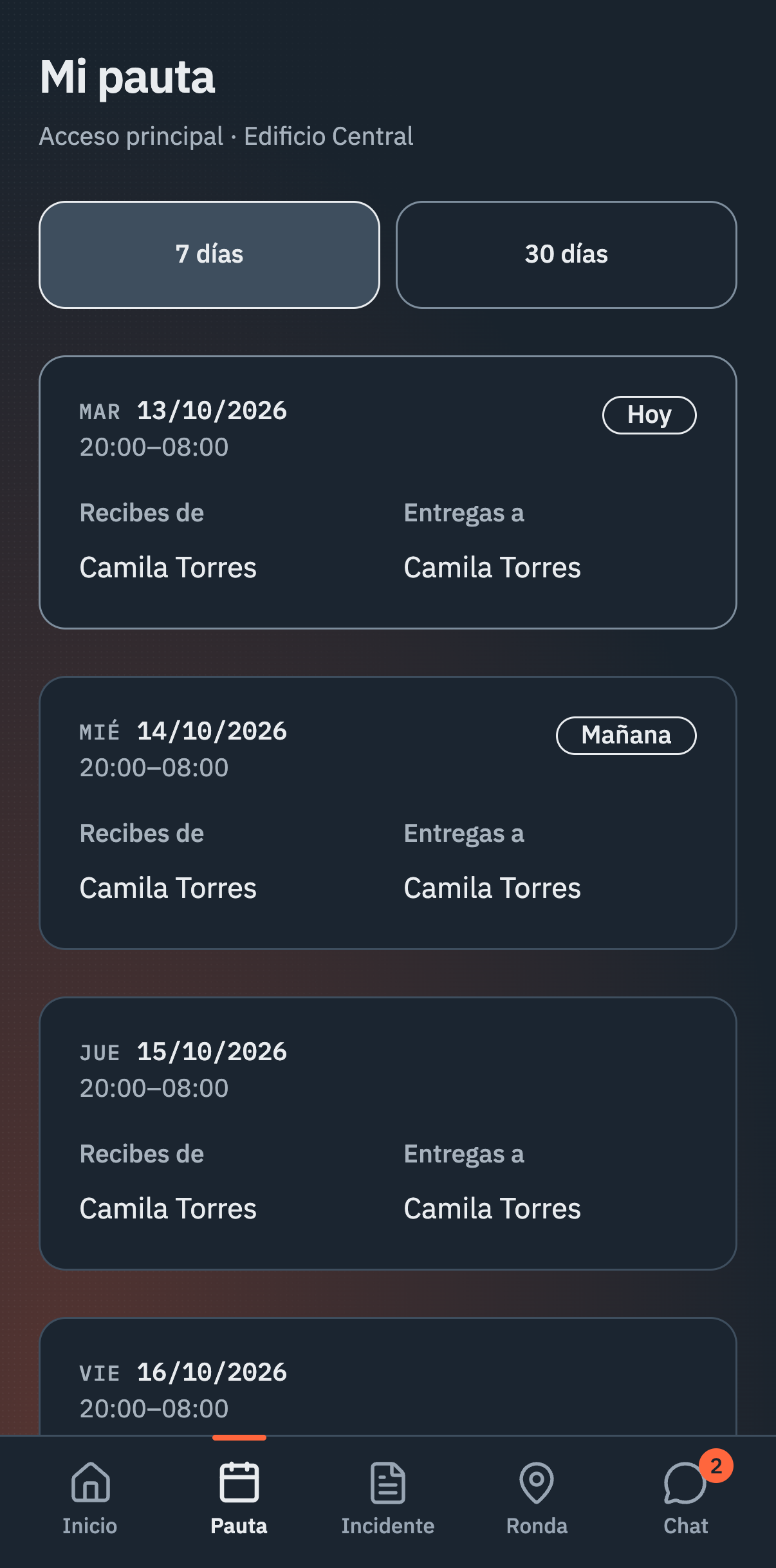 App · Mi pauta, interfaz de Vigitar en modo noche.