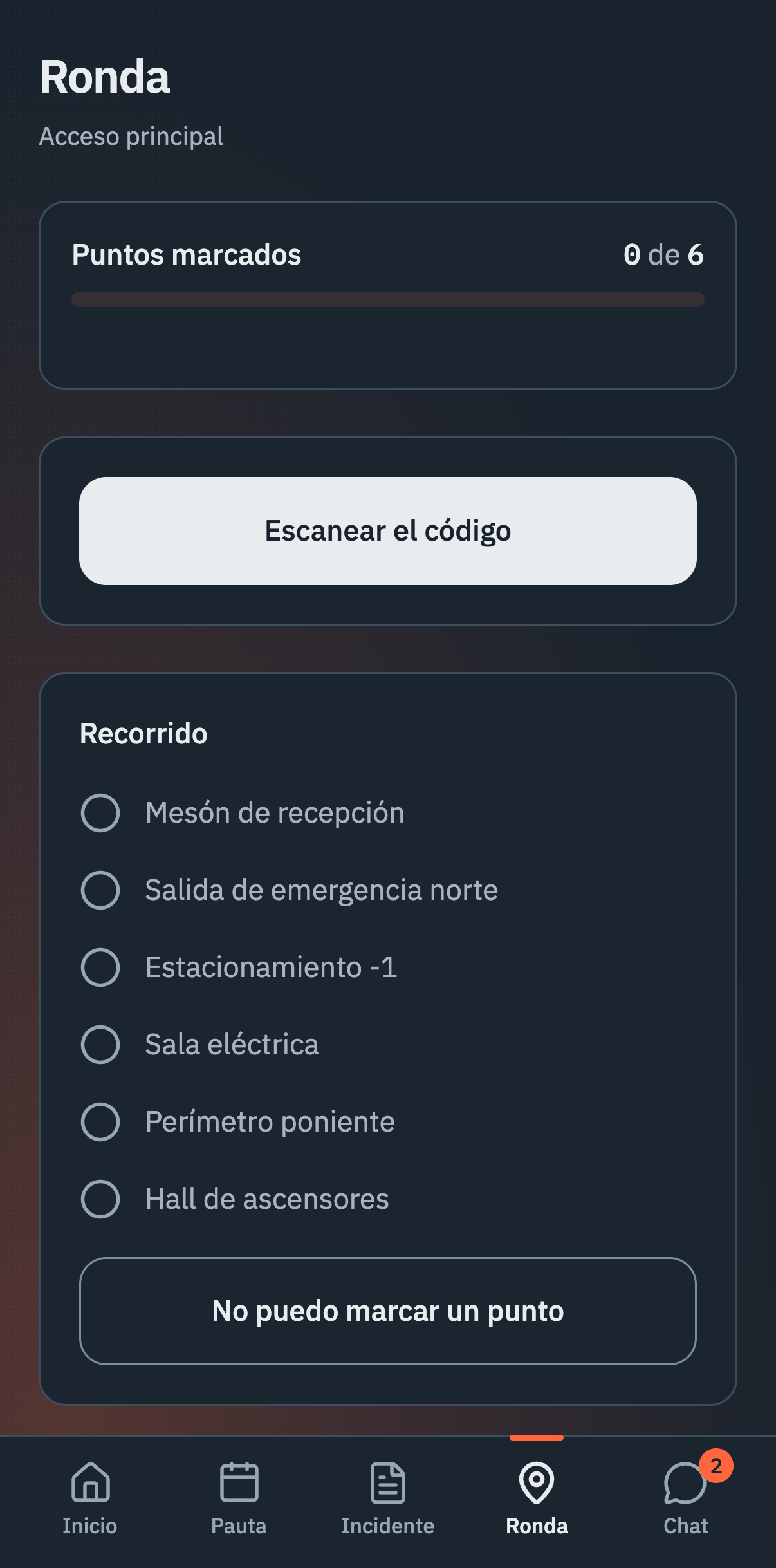 App · Ronda, interfaz de Vigitar en modo noche.