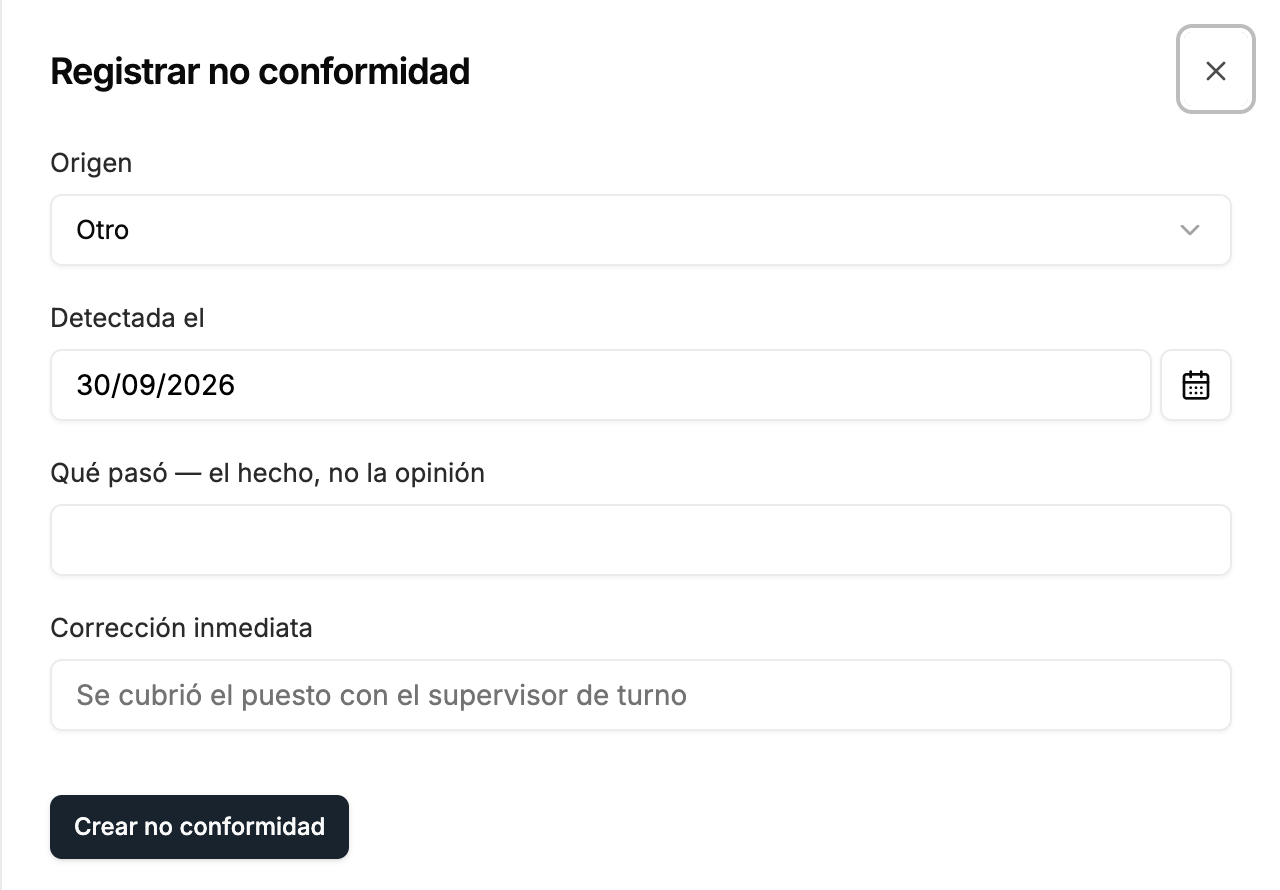Registrar una no conformidad, interfaz de Vigitar en modo día.