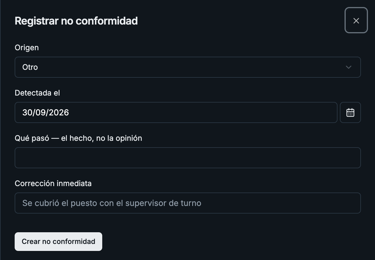 Registrar una no conformidad, interfaz de Vigitar en modo noche.