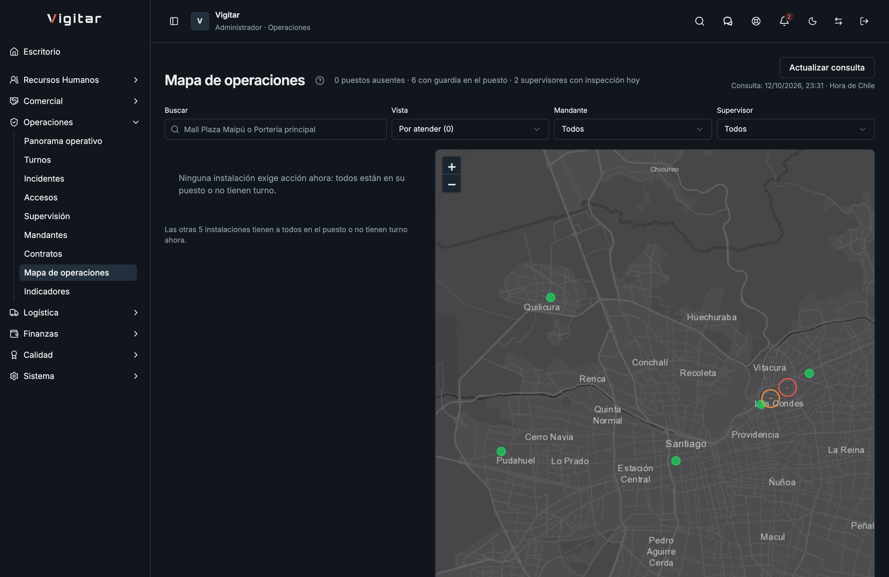 Mapa de operaciones, interfaz de Vigitar en modo noche.
