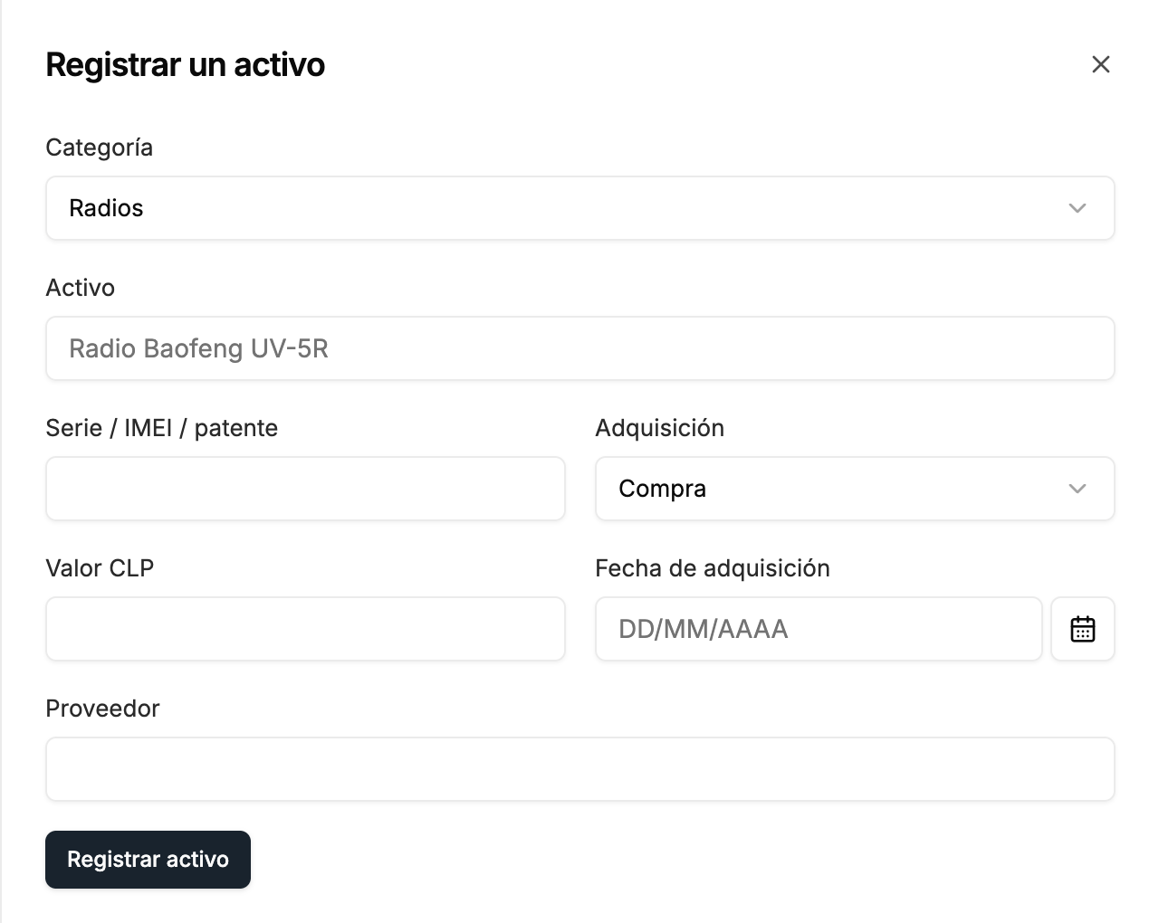 Registrar una radio, interfaz de Vigitar en modo día.