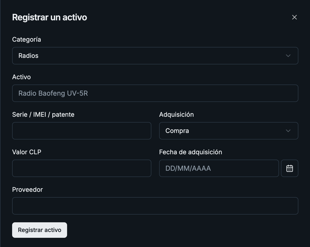 Registrar una radio, interfaz de Vigitar en modo noche.